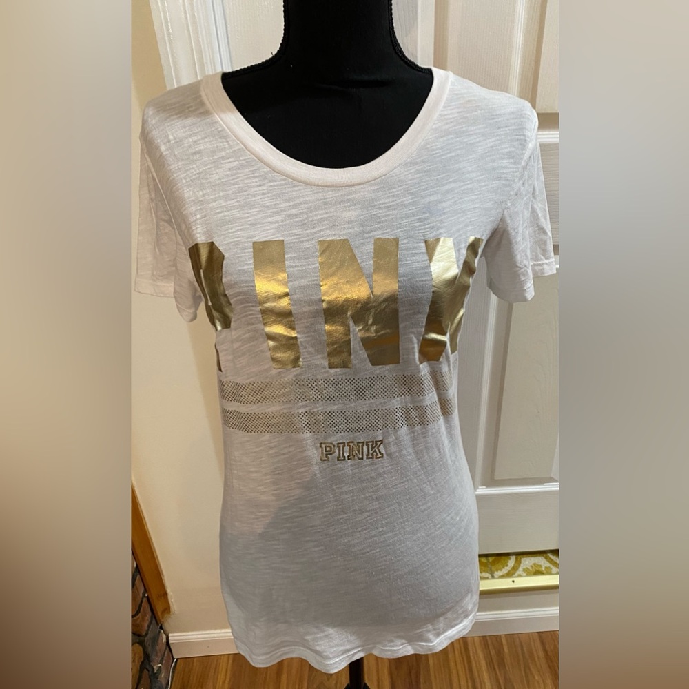 PINK | T-Shirt |White with Gold Lame Logo| Short Sleeve| Size Medium| Crew Neck